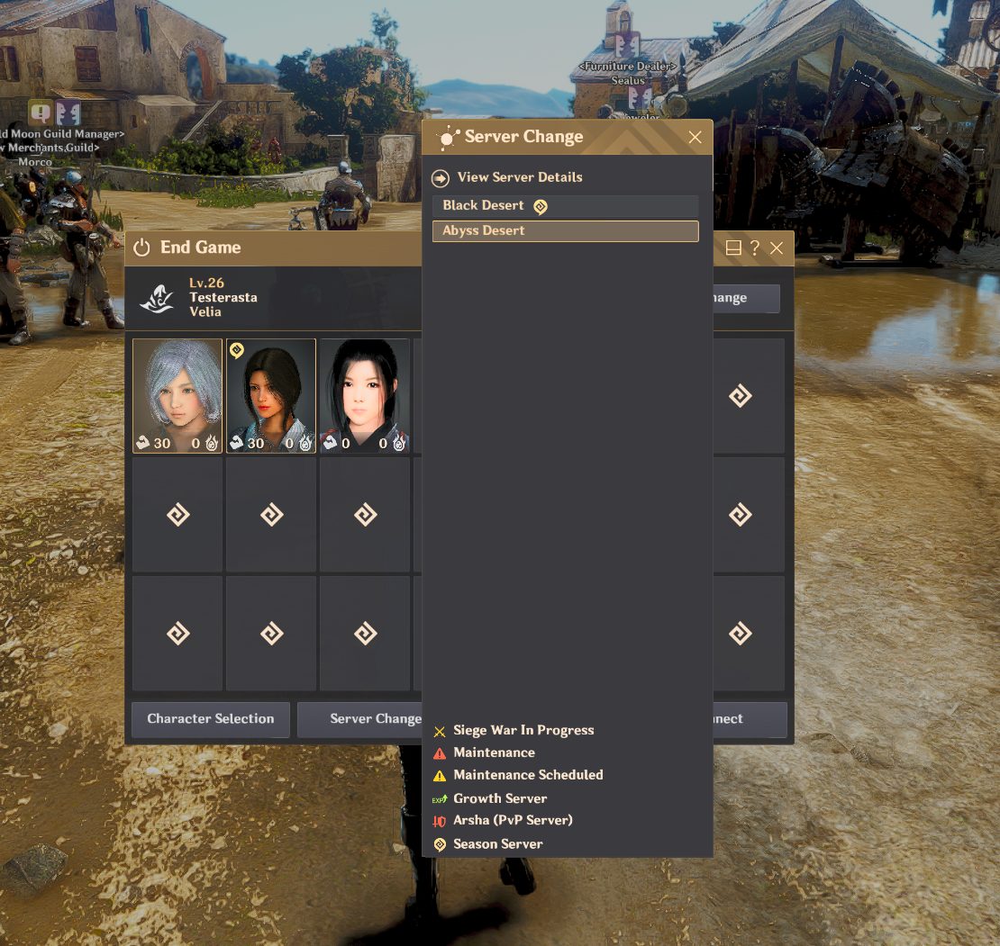 The Server Change window. The diamond beside Black Desert marks it as the Season Server &mdash; see the legend at the bottom. Abyss Desert has no diamond, so it is the normal channel.